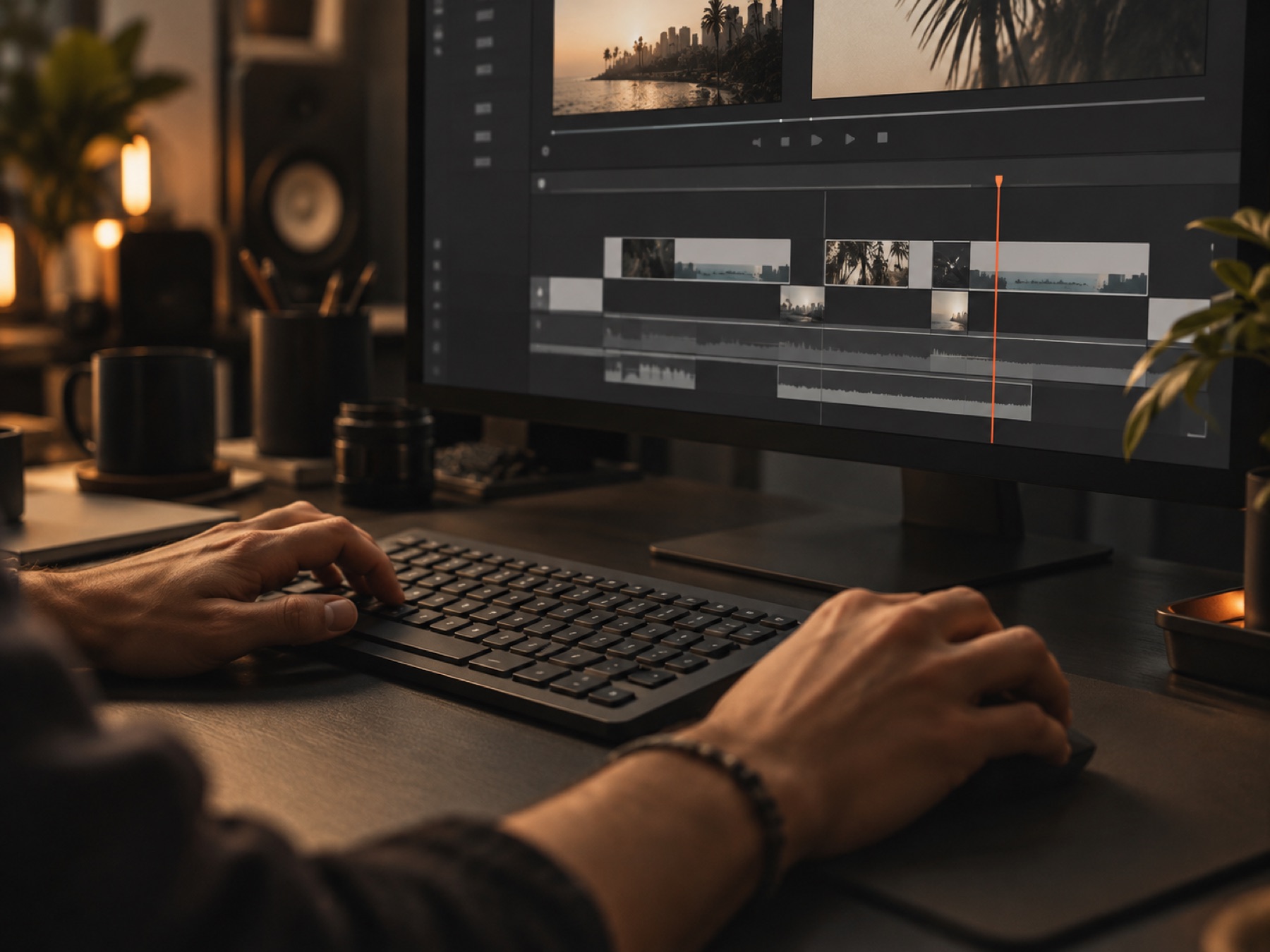 Manos editando clips en una línea de tiempo