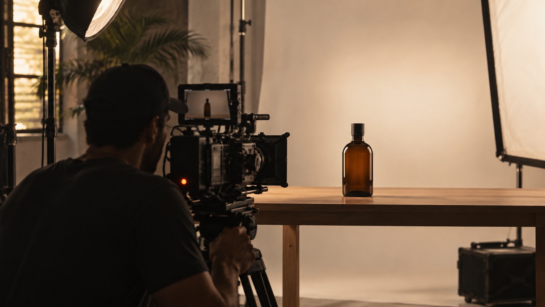 Set de comercial con cámara de cine filmando una botella