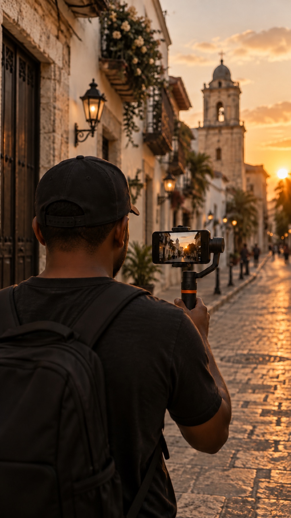 Creador filmando con el teléfono en una calle colonial